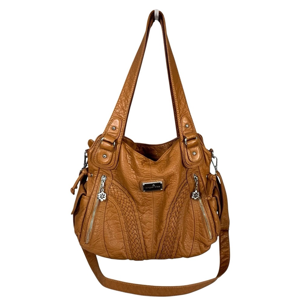 Angel Kiss Purse Double Handles Detachable Crossbody Strap Multiple Zip Pockets